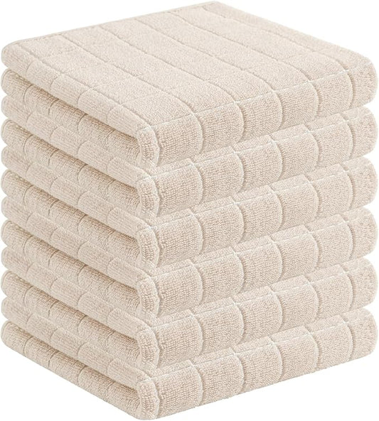 Homaxy 100% Cotton Terry Kitchen Towels(Beige, 13 x 28 inches), Checkered Designed, Soft and Super Absorbent Dish Towels, 6 Pack