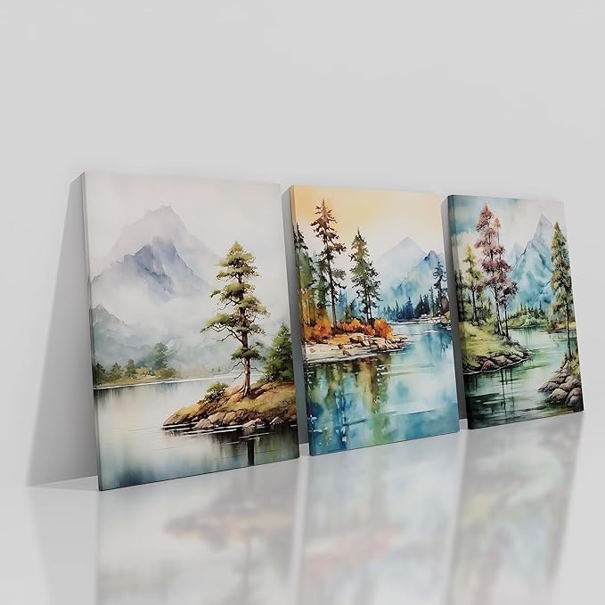 Lake 3 Pieces Poster Wall Art Landscape Watercolor Mountain Forest Print on Canvas Abstract Theme Picture Painting Wall Decor Artwork for Living Room Hotel Workplace Ready to Hang [60''Wx28''H]