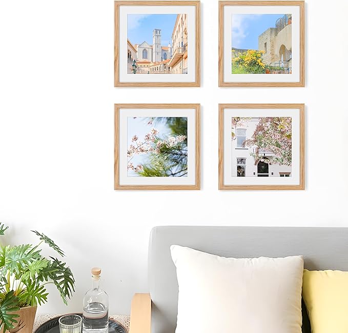 Fun Memories 10x10 Picture Frames, Square Frame 10 by 10 with Mat for 8 by 8, Rustic Oak Wood Frame 10"x10", 10 x 10 Wood Frame Set of 4, Minimalist 10x10 Photo Frames, Natural Oak Color