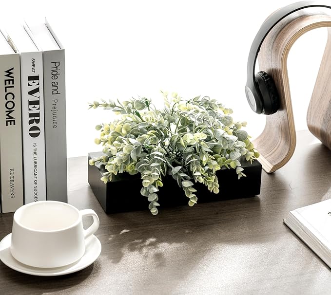 MyGift Artificial Eucalyptus Plant in Black Wood Decorative Planter Pot, Realistic Faux Indoor Greenery in Container for Tabletop Centerpiece Décor