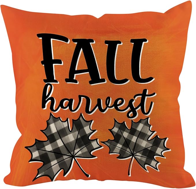 Fall Pumpkin Pillow Covers 18x18 inch Set of 4, Linen Autumn Outdoor Thanksgiving Harvest Farmhouse Buffalo Check Truck Orange Decorations for Sofa Couch