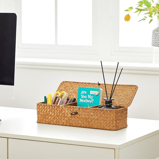 Nonam Seagrass Storage Small Basket with Lid - 3-Section Divided Organizer for Tea,Sugar,Coffee,Tampons - Woven Shelf Bin for Closet, Toilet Tank - Rectangular Narrow Boho Basket Home Decor