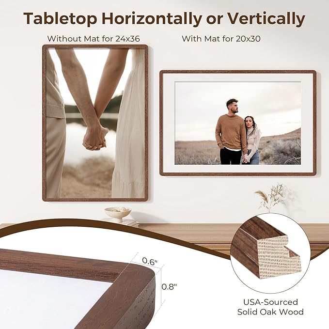24x36 Poster Frame for Wall, 24 by 36 Picture Frame - Solid Oak Wood & Tempered Glass, Rustic 24 x 36 Wood Frame for Home Decor, 23x36 Picture Frame with Mat for 20x30, Walnut Color, 1 Pack