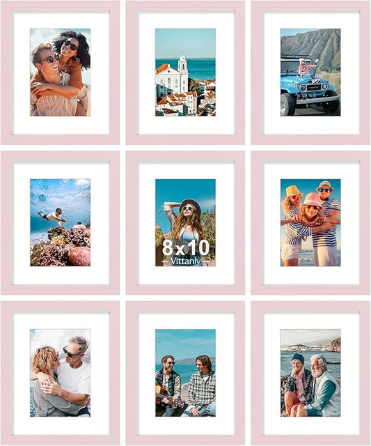 Vittanly 8x10 Picture Frame Set of 9 - Display 5x7 Photos with Mat or 8x10 Without Mat, Wall Mount & Tabletop Frames for Home Decor, Horizontal or Vertical (Pink)
