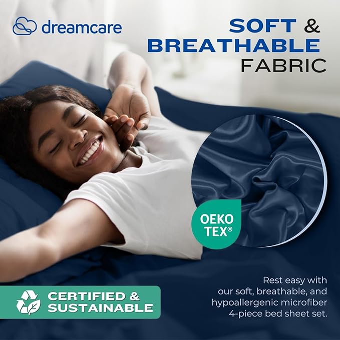 DREAMCARE Twin XL Sheet Set - Cooling Bed Sheets - 4pc Set - up to 15" Deep Pocket Twin XL Sheets - Soft & Long Lasting 100% Fine Brushed Polyester with Side Pocket - Navy Blue