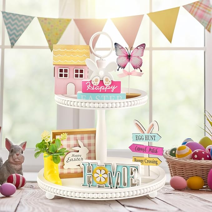 Spring Decorations, 8 Pieces Easter Spring Tiered Tray Decor, Home Office Table Shelf Decor Gifts, Tray Objects Decoration Bundle Bunny Bead Garland Wood Plaques Signs Decorative Ornament Set