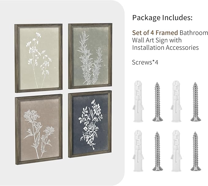 Heiple Framed Wall Art Set of 4 for Boho Home decor Botanical Print Wall Art for Rustic Vintage Farmhouse Wall Decor for Living Room (Grey, 8x10)