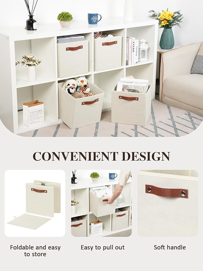 Temary 11x11 Storage Cubes Fabric Cube Storage Bins with Handles Clothes Storage Boxes Baskets for Organizing Home, Shelf, Closet (Beige, 11 x 11 x 11)