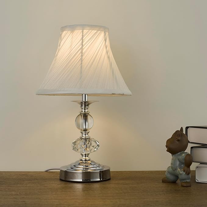 Small Modern Crystal Bedside Table Lamp, 7 x 7 x 12 Inch Electroplaetd Silver Base Table Lamp for Bedrooms and Office (White Pleated Bell Shape Shade)