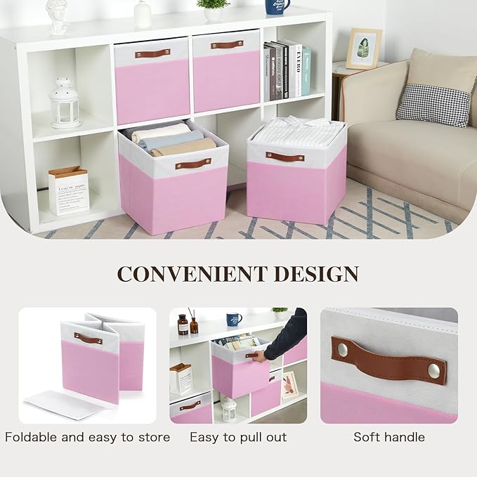 Temary Foldable Cube Baskets 4Pack - Clothes Shelf Storage with Handles, Fabric Storage Organizer Bins (White&Pink, 13x15x13 Inch)