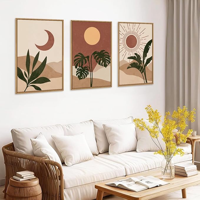 KAIRNE Mid Century Modern Wall Art Set of 3, Boho Sun and Moon Wall Decor, Bohemian Abstract Botanical Wall Painting, Modern Nature Art Prints for Living Room, Bedroom, Office - 16"x24"
