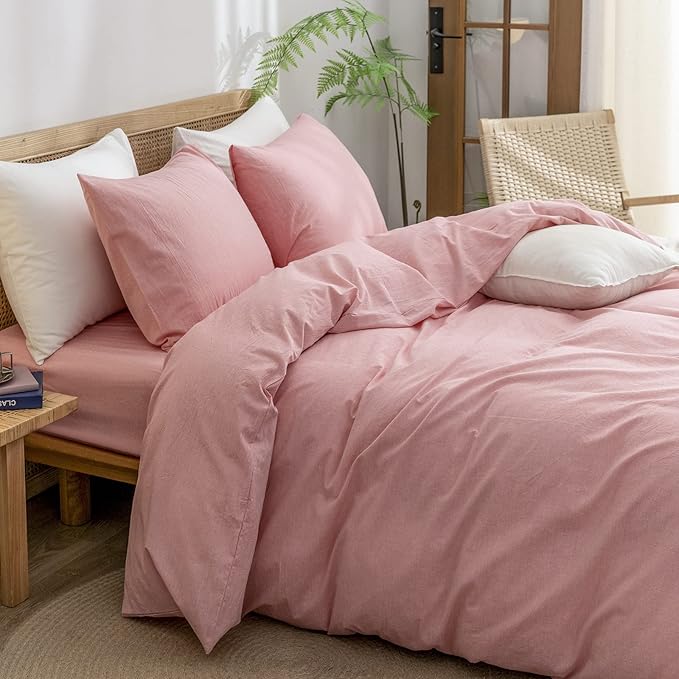 BESTOUCH Duvet Cover Set 100% Washed Cotton Linen Feel Super Soft Comfortable Chic Lightweight 3 PCs Home Bedding Set Solid Red Pink Cal King