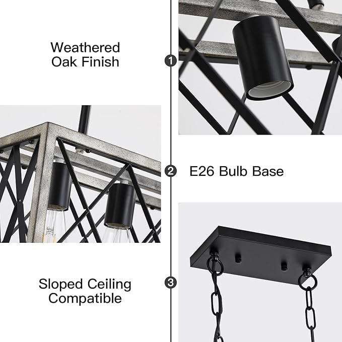 Farmhouse Light Fixtures,3-Light Dining Room Light Fixture,Industrial Metal Kitchen Ceiling Lighting Over Island, Chandelier for Dining Table Kitchen Sink,Oak Wood Finish