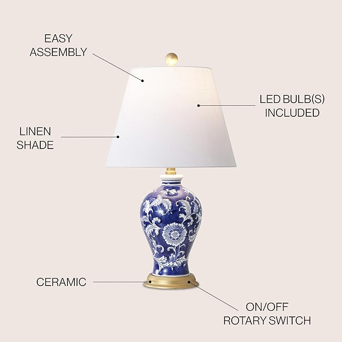 JONATHAN Y JYL3009E Grace 24" French Country Cottage Ceramic/Iron Floral Urn LED Table Lamp, Navy/White for Bedroom, Living Room, Office, College