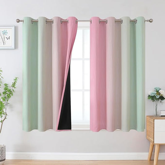 Estelar Textiler Sage and Pink Blackout Curtains 54 Inch Length, Light Blocking Gradient Grommet Drapes for Living Room, Thermal Insulated Ombre Curtains for Bathroom,52Wx54L,2 Panels