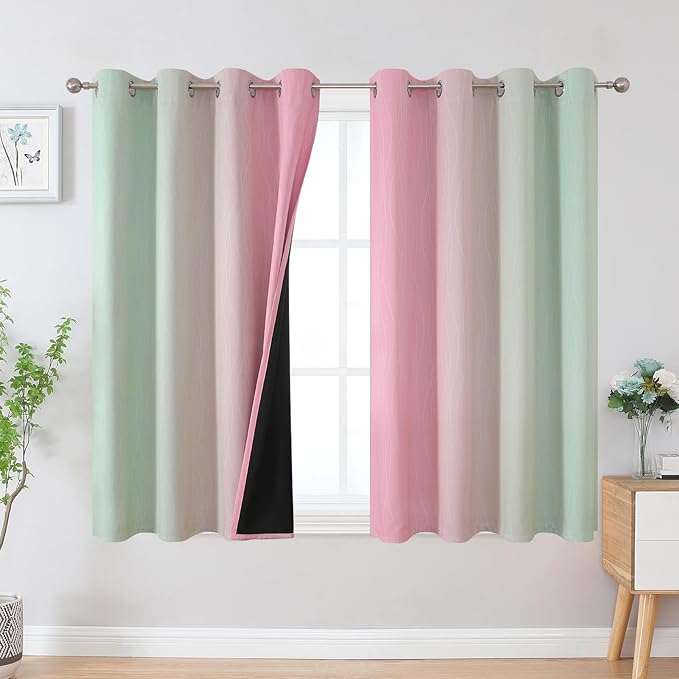 Estelar Textiler Sage and Pink Blackout Curtains 45 Inch Length, Light Blocking Gradient Drapes for Kitchen, Thermal Insulated Grommet Ombre Curtains for Bathroom,52Wx45L,2 Panels
