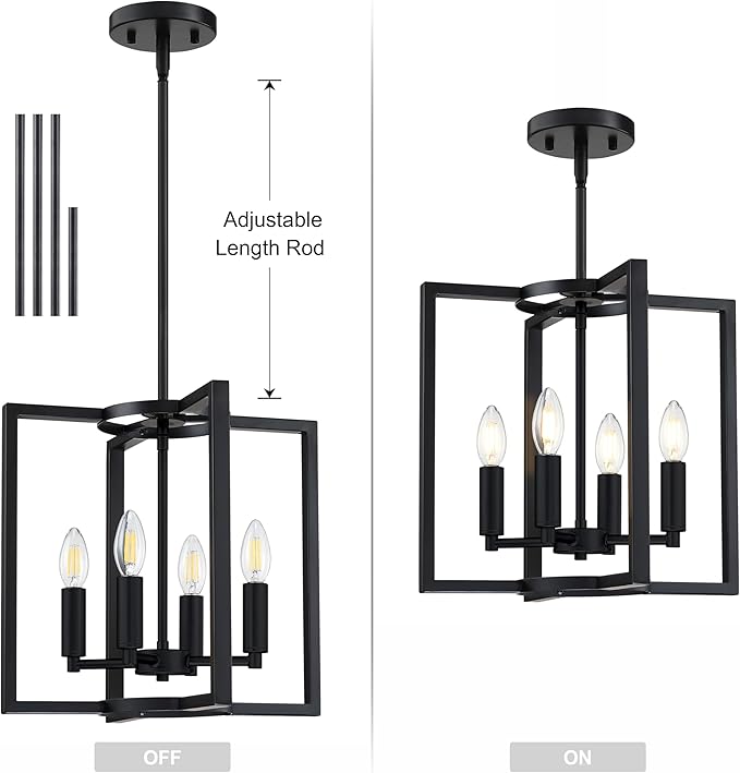 Leading Lighting 4 Light Rustic Kitchen Island Farmhouse Hanging Chandelier Light Fixture,with Black Finish Metal Frame for Entryway Dinning Room Bedroom