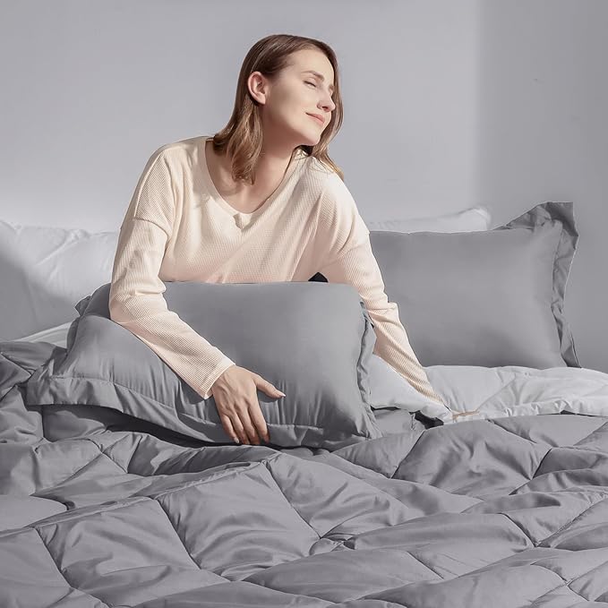 Beyond Queen Comforter Set - Grey/Charcoal Reversible Queen Set for All Seasons - 1 Comforter & 2 Pillow Shams