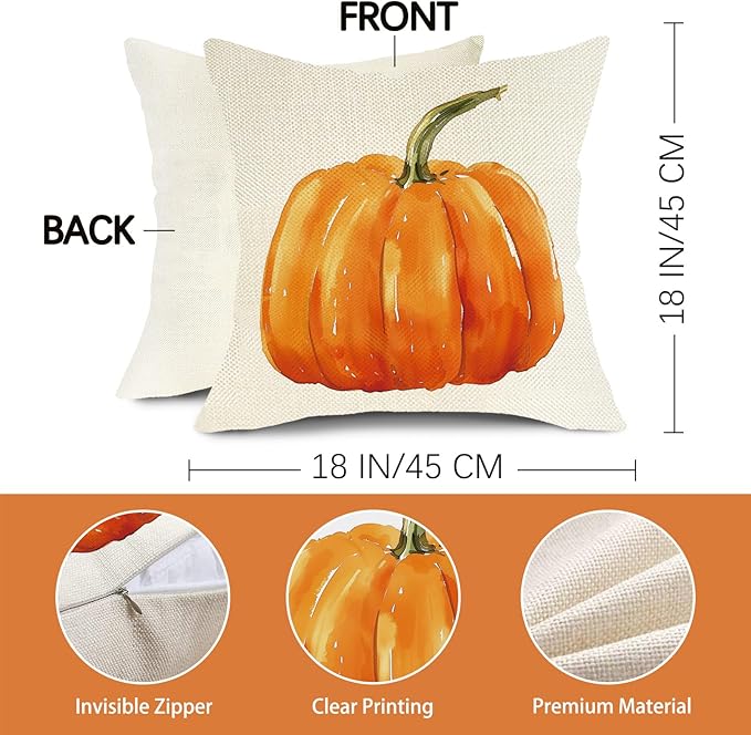 Happy Fall Y'all Decorative Throw Pillow Covers 18 x 18 Set of 4, Autumn Hello Pumpkin Maple Leaves Porch Outdoor Home Decor, Orange Seasonal Sofa Couch Cushion Case