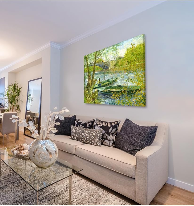 DECORARTS - Fishermen And Boats From The Pont De Clichy, Vincent Van Gogh Art Reproduction. Giclee Canvas Prints Wall Art for Home Decor 40x32