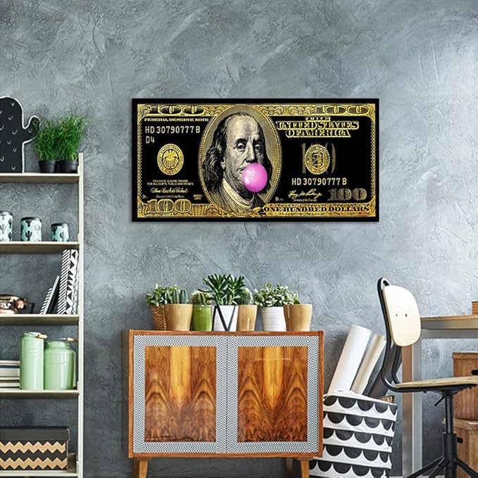 Motivational Money Art Print Dollars Canvas Office Home Decor for Walls Funny Franklin 100 Dollar Pop Art HD Print Black Golden Money Art for Living Room Bedroom Decor Framed Ready to Hang-32 Wx16 H