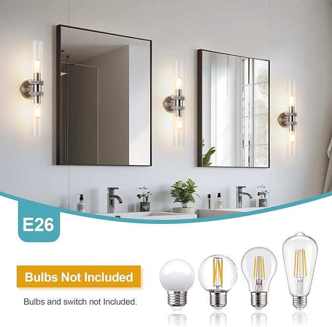 2 Light Bathroom Vanity Light Brushed Nickel, Bathroom Light Fixtures Side Mirror, Vintage Wall Lamp for Bedroom, Modern Bedroom Vanity Lighting Fixtures with Glass Shade