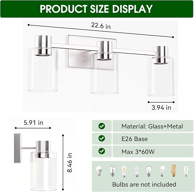 3-Light Brushed Nickel Wall Sconces for Bathroom, Modern Vanity Light Fixtures Over Mirror, Wall Lamp with Clear Glass Shade, E26 Wall Sconces Over Mirror for Bathroom, Living Room, Hallway