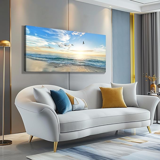 Dimpoli Beach Ocean Canvas Wall Art, Ocean Seagull Birds Blue Natural Scene Artwork Decorations for Home Living Room Decor 48x24 Inches