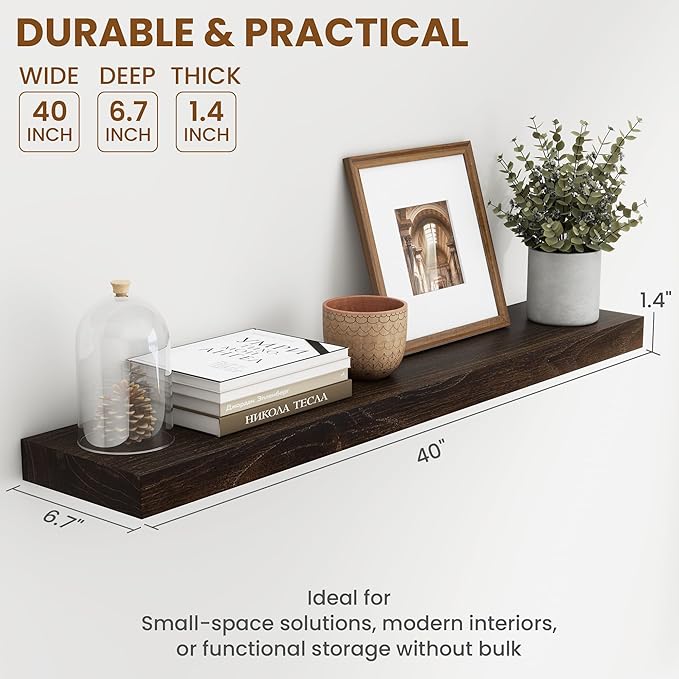 40 Inch Floating Shelves for Wall, Rustic Elm Wood Shelf for Home Decor, Heavy-Duty Wooden Floating Shelves for Kitchen, Wall Mounted Storage Shelves for Bathtoom, Living Room, Walnut Color, Set of 1