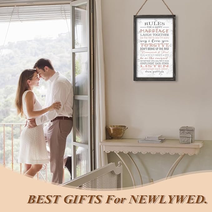 Rules for A Happy Marriage Framed Wall Plaque in Solid Wood Material 16x9.5 Inches Vertical - Bridal Shower Gift for Couples Wife Husband - Affirmation Motivational Inspiring Home Decor Newlywed
