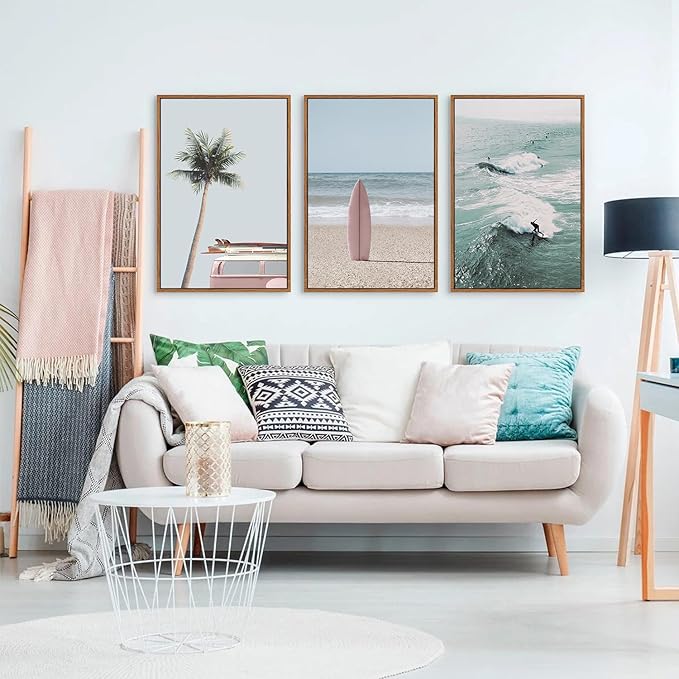 CHDITB Beach Framed Canvas Wall Art Set, Palm Tree Surfboard Seascape Wall Decor, Ocean Surfing Wall Painting, Coastal Art Print for Living Room, Bedroom, Dining Room, Bathroom - Large Size 16"x24"x3