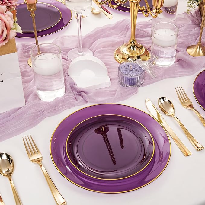 YOUBET 125PCS Purple Plastic Plates - Purple Disposable Plates With Gold Rim - Include 50 Dinner & Dessert Plate, 75 Gold Cutlery Perfect for Wedding Parties