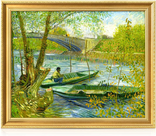 DECORARTS - Vincent van Gogh's Fishermen and Boats from the Pont de Clichy, Museum-Quality Giclee Canvas Print in Gold Solid Wood Frame, 34.75 x 28.75 in, Ready to Hang, Made in USA