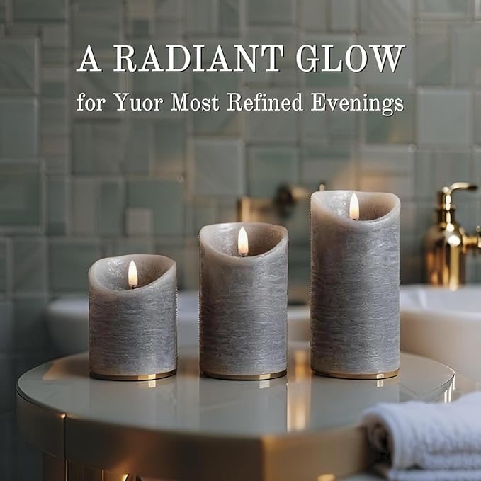 VENTA Grey Flameless Pillar Candles, Set of 3 | Real Wax Battery Operated LED Candles with Remote & Timer | Perfect for Modern Farmhouse, Industrial & Minimalist Decor