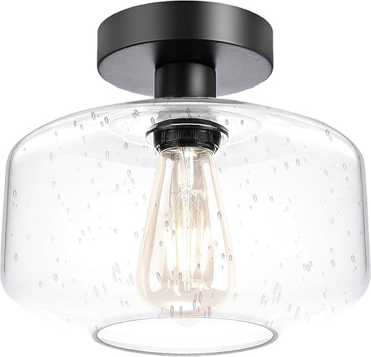 Semi Flush Mount Ceiling Lights, Industrial Ceiling Light, Glass Pendant Lamp Shade,11.8'' Inches Pendant Light Fixtures for Hallway, Entryway, Farmhouse, Kitchen (Black Seeded Glass)