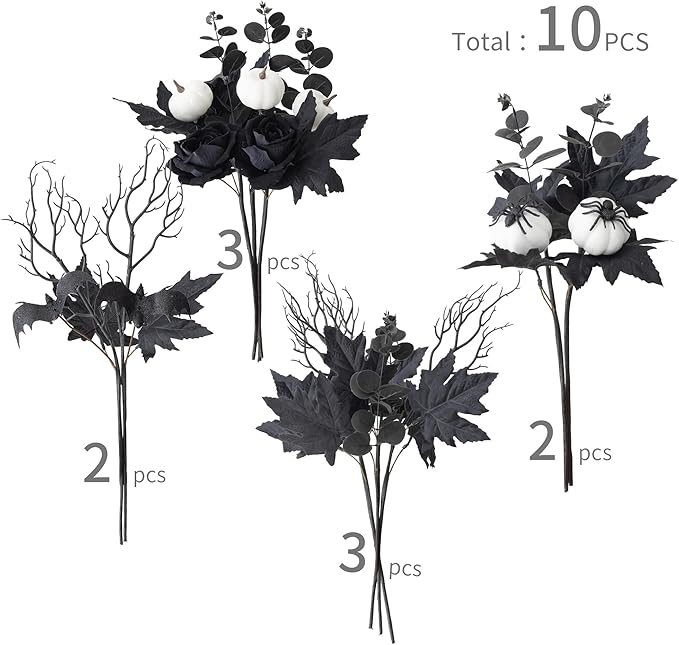 MISSPIN 10 PCS 18 inch Black Fall Decor Bouquets, Fall Decorations Indoor Outdoor Halloween Thanksgiving Farmhouse Arrangement for Front Door Wedding Centerpieces in Autumn (Maple Leaf Pumpkin)