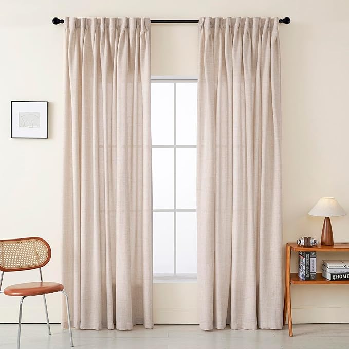 Dark Oatmeal Thick Linen Semi Sheer Pinch Pleated Curtains 84 Inches Long, 50 Inches Width, Farmhouse Light Filtering Drapes Set of 2, Window Curtain with Hooks