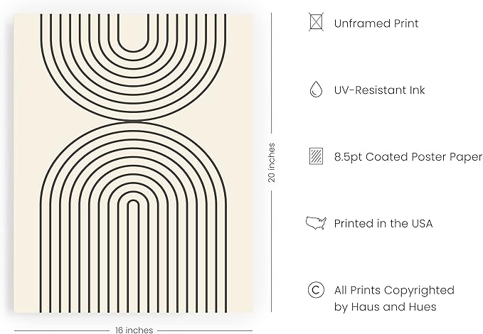 HAUS AND HUES Neutral Wall Art Prints - Boho Art, Mid Century Modern Decor Line Art, Geometric Black Semi Circles Reflected (16x20 Unframed)