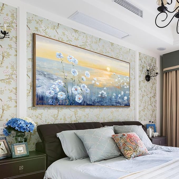 Blue Ocean Sunset Framed Wall Art Abstract Coastal Wild Flowers Beach Picture Sunrise With Yellow Orange Sky Natural Seascape Canvas Print White Wildflowers Sea Landscape Seaside Artwork 30x60inch