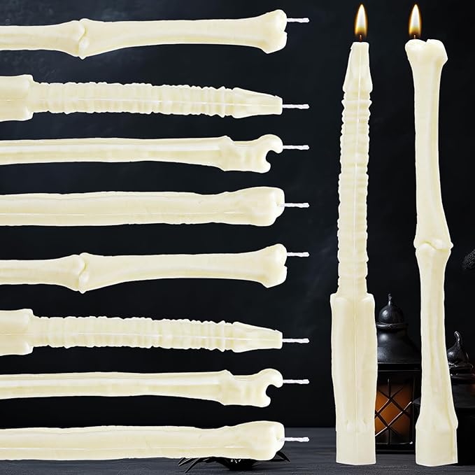 Nuanchu 12 Pack Halloween Bone Taper Candles 10 Inch Unscented Dripless Skeleton Candles for Halloween Party Decor, Table Centerpiece, Gothic Home Decoration, Spooky Gifts