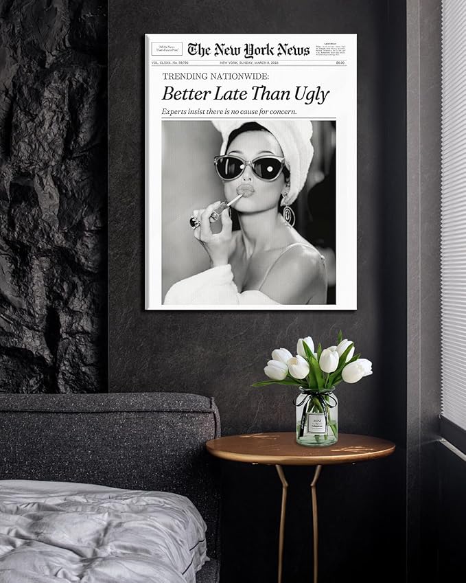 Audrey Hepburn Canvas Wall Art Canvas Wall Print 16x20, Better Late Than Ugly News paper Black and White Prints for Bedroom Decor Waterproof for Bathroom Vintage Gifts for Wall Decor Dorm Apartment