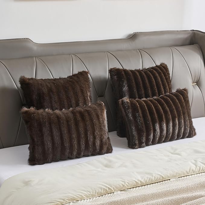 FUTEI Dark Coffee Decorative Throw Pillow Covers 22x22 Inch Set of 2,Soft Fluffy Faux Mink Fur Dyeing Striped Textured Cushion Case,Modern Home Decor for Couch Bed Living Room