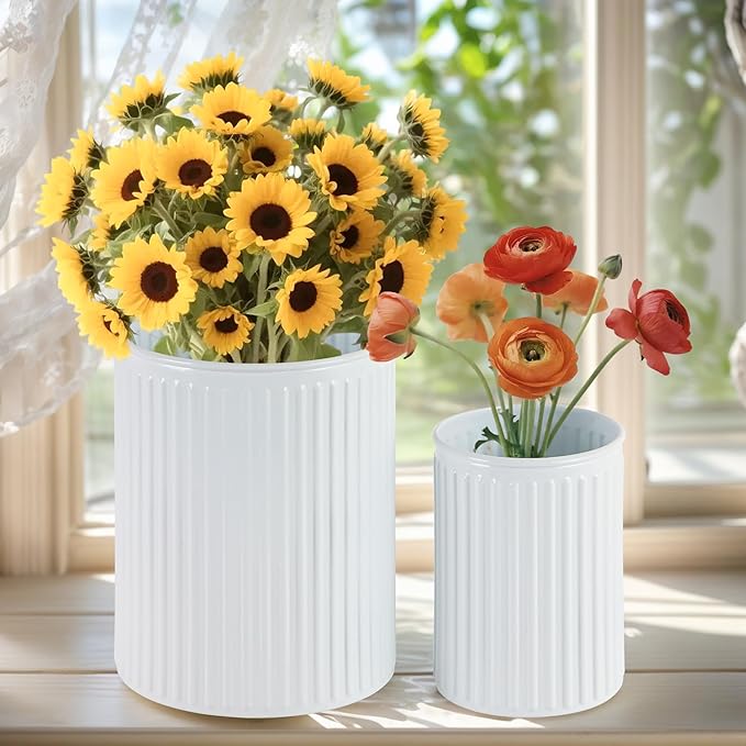 2 Pack Metal Utensil Holder for Kitchen Counter, 7.3"+5.4" Large Cooking Utensil Organizer Vertical Stripe Pattern Embossed Utensil Caddy for Party Cutlery Tool Holder Storage, White