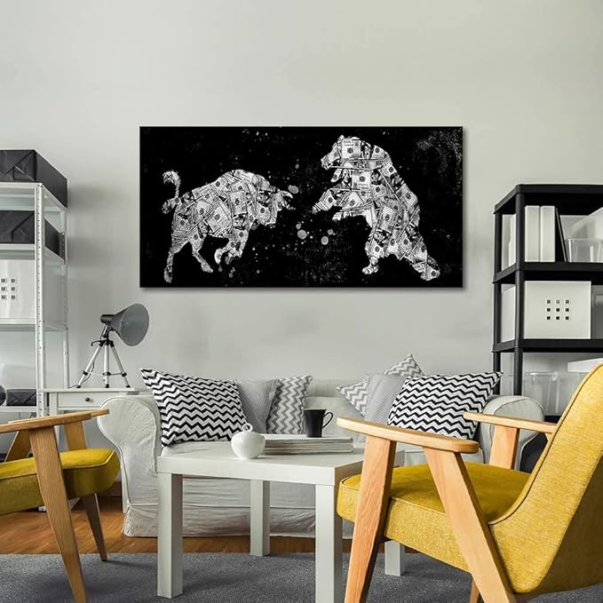 Motivational Office Wall Art Creative Bull & Bear Money Canvas Artwork Inspirational Wall Decor Black White Animal Print Modern Home Decorations for Guest Room Rest Room, Framed 40x20 inches
