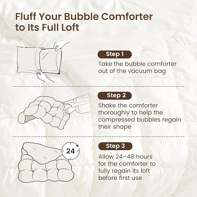 Amelie Home Beige Bubble Comforter Set Queen Size, 3 Pieces Ultra Soft Cozy Bedding Set for All Seasons, Farmhouse Luxury Gift for Women Home Decor, 90 x 90 inches