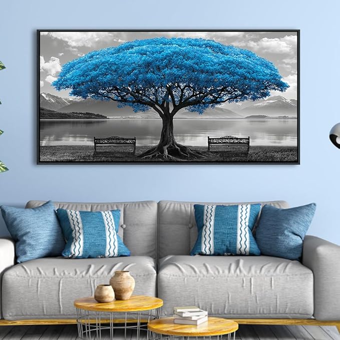 Blue Tree Framed Canvas Wall Art for Living Room Large Size Wall Decor For Bedroom Black And White Wall Pictures Lake Scenery Wall Painting Office Decor Room Home Decoration Black Framed 20X40IN
