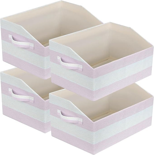 Linen Closet Organizers and Storage, Trapezoid Fabric Bins, Home Office Organization Baskets Striped Collapsible Box with Handles for Clothes, Blanket, Books, DVD, 4 Pack, Light Pink/White