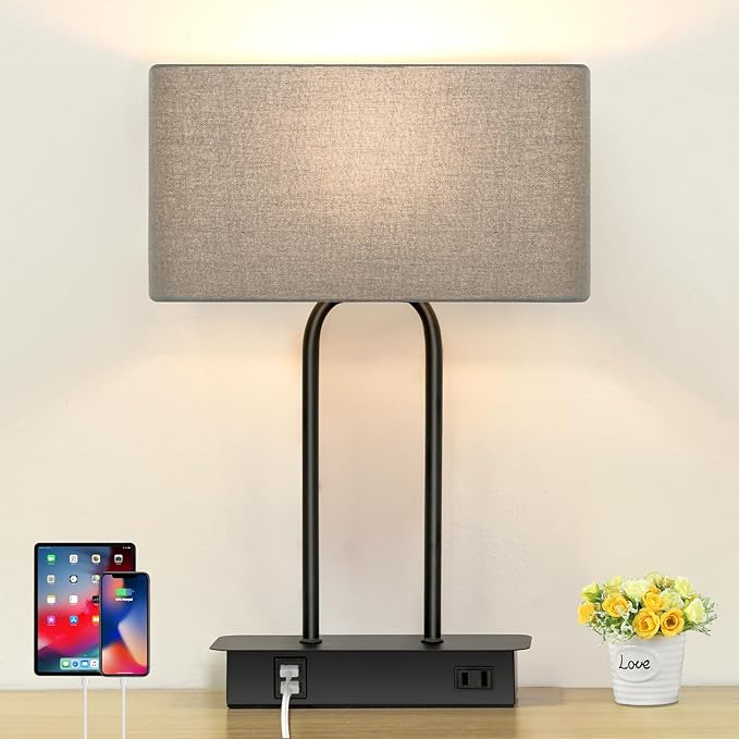 3-Way Dimmable Touch Control Table Lamp with USB Ports and AC Power Outlet Modern Bedside Nightstand Lamp Fabric Shade and Metal Base for Guestroom Bedroom Living Room LED Bulb Included Warm White