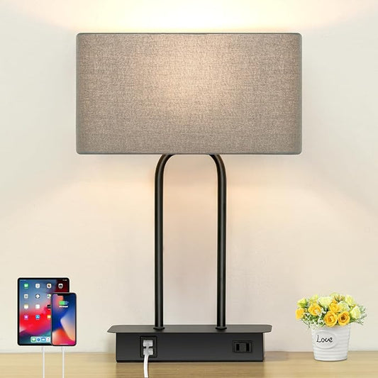 3-Way Dimmable Touch Control Table Lamp with USB Ports and AC Power Outlet Modern Bedside Nightstand Lamp Fabric Shade and Metal Base for Guestroom Bedroom Living Room LED Bulb Included Warm White