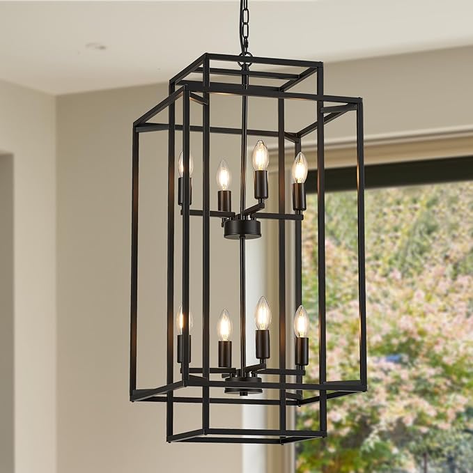 8-Light Black Chandelier,Semi Flush Light Fixture for Farmhouse with Metal Cage,E12 Bulb Socket and Adjustable Height for Dining Room,Kitchen Island,Living Room,Staircase, Entryway and indoor